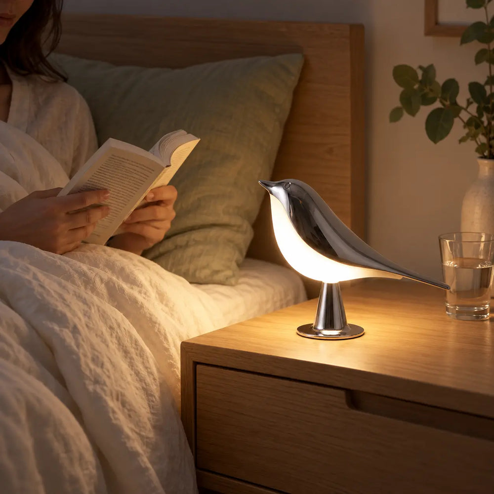 Svala in zilver op het nachtkastje tijdens het lezen in bed