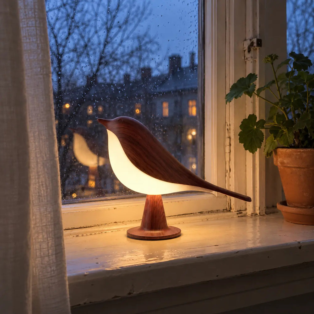 Svala in donker hout in de vensterbank op een regenachtige avond