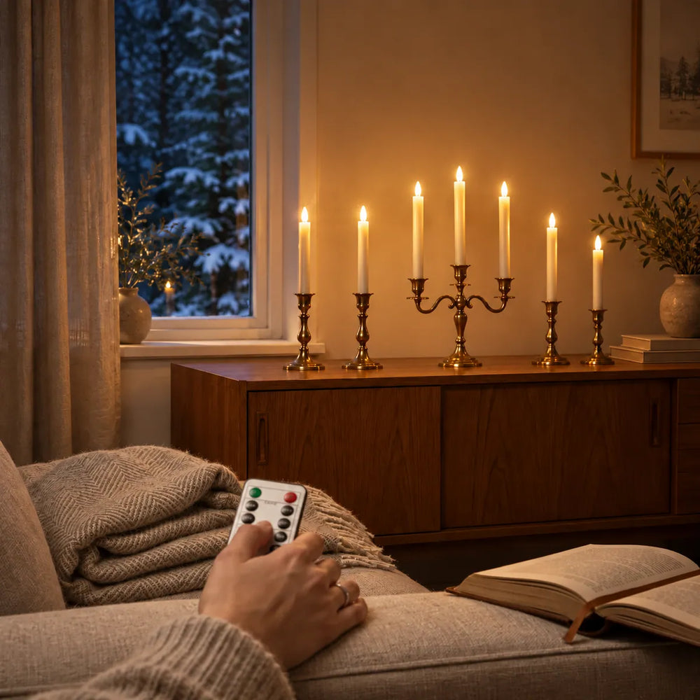Hand met afstandsbediening zet Wove Luma LED-dinerkaarsen op een teakhouten dressoir aan vanaf de bank op een winteravond