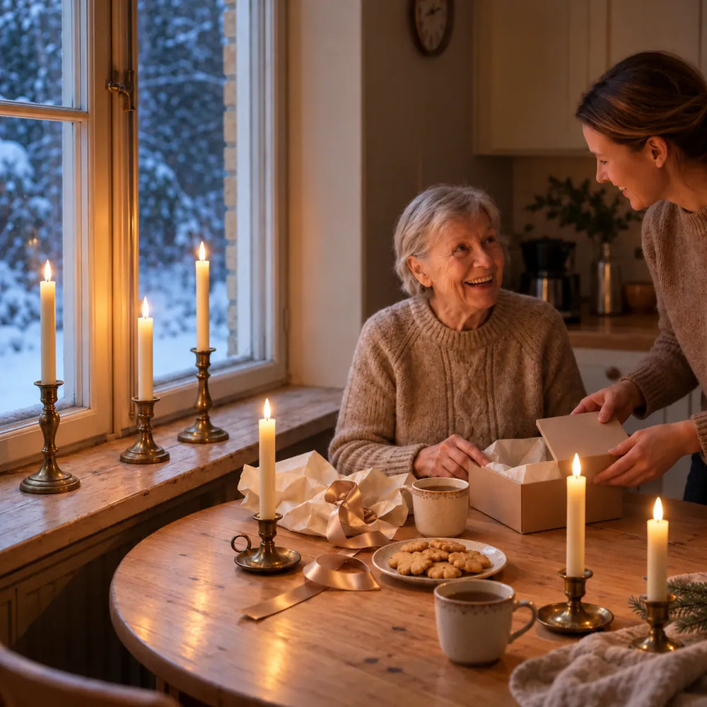 Oudere vrouw krijgt Wove Luma LED-dinerkaarsen cadeau aan de keukentafel met brandende kaarsen in het raam