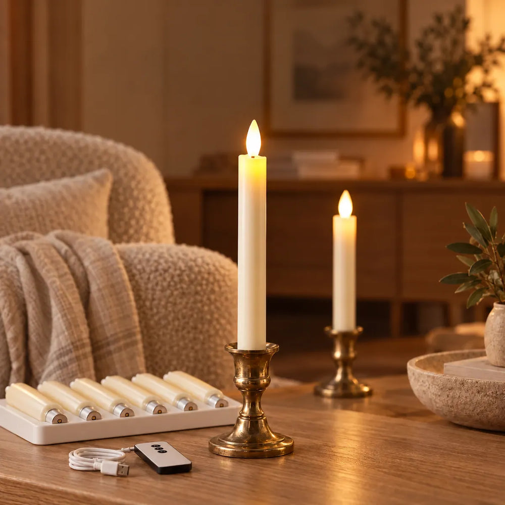 Wove Luma LED-dinerkaarsen aan in messing kandelaars naast een fauteuil, met zes kaarsen in het laadstation, afstandsbediening en USB-C-kabel