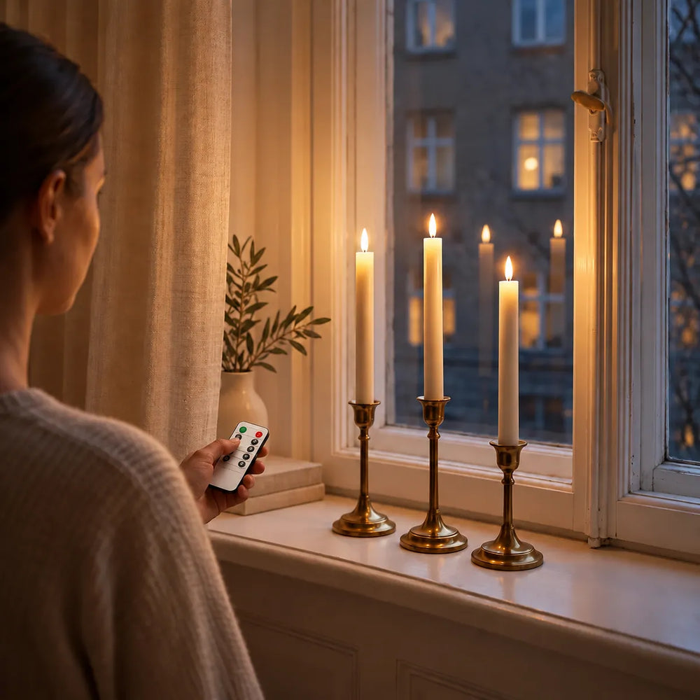 Vrouw zet drie Wove Luma LED-dinerkaarsen in de vensterbank aan met de afstandsbediening op een winteravond