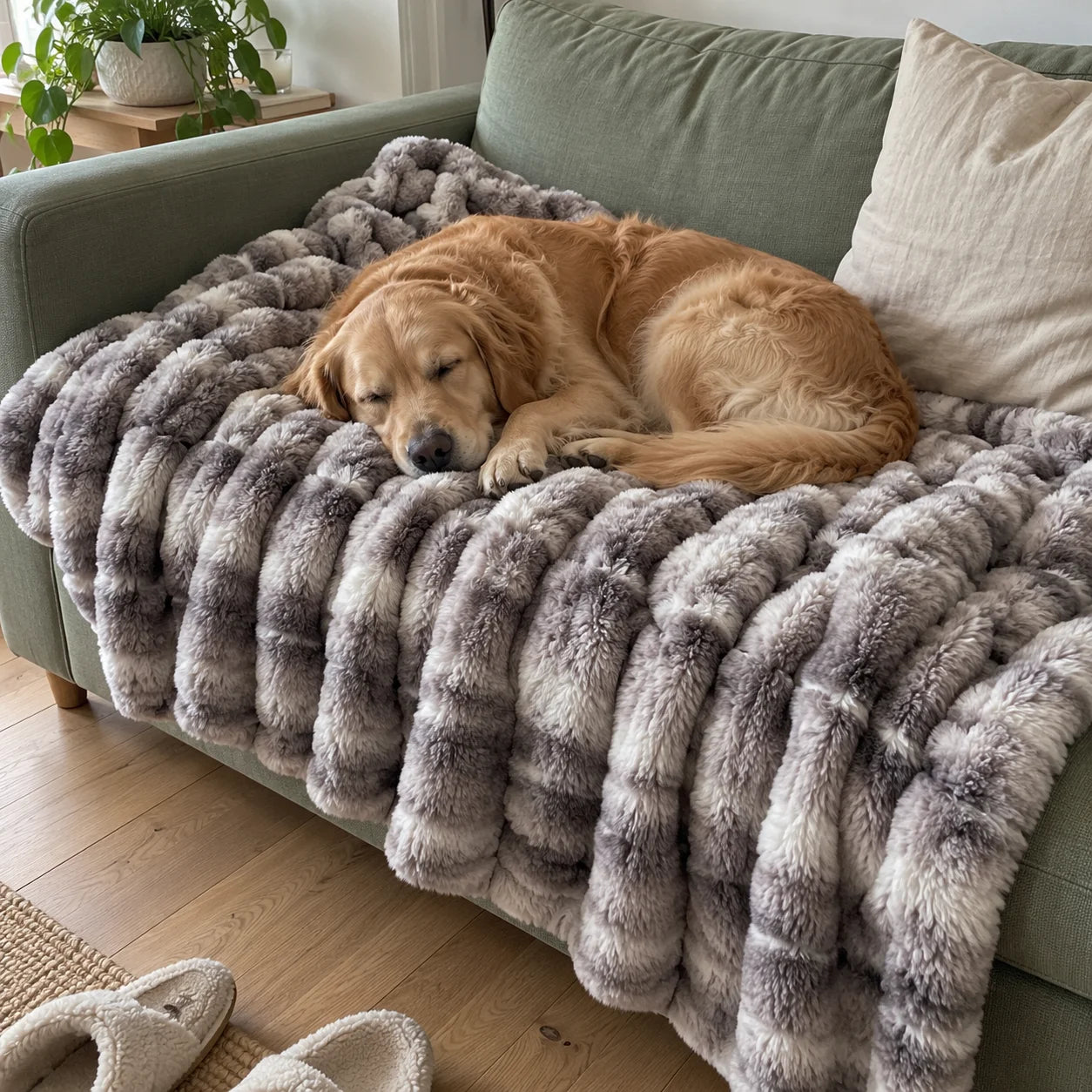 Golden retriever slaapt op een grijze Cloud-plaid op een groene bank