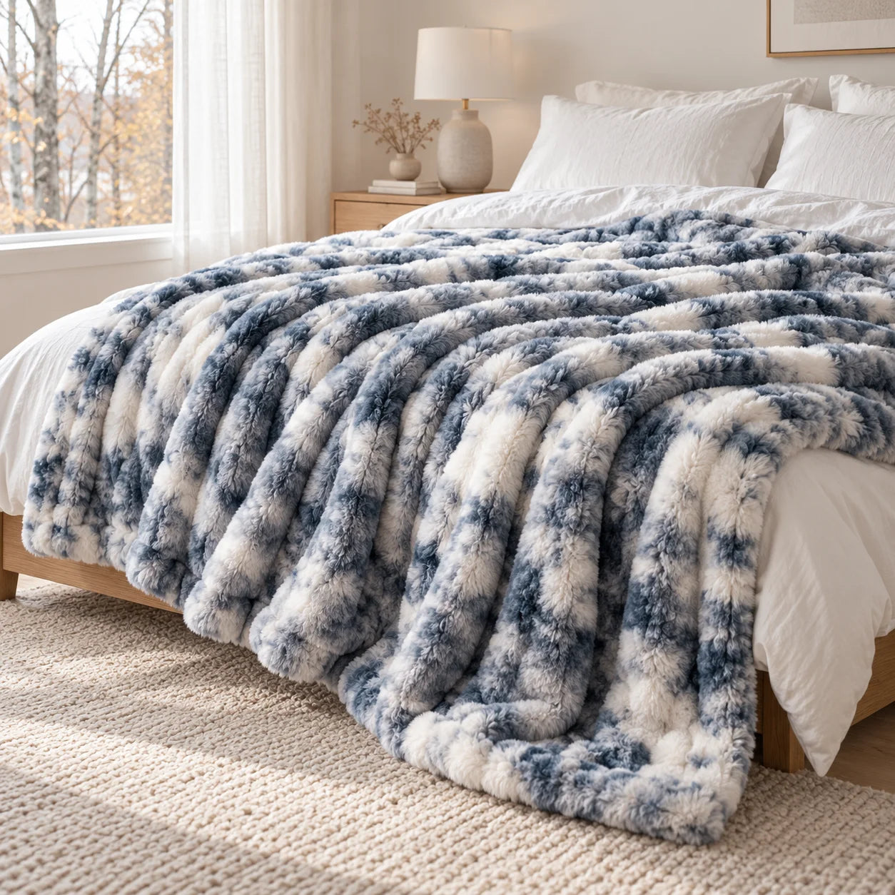 IJsblauwe Cloud-plaid op een bed in een lichte slaapkamer met herfstuitzicht