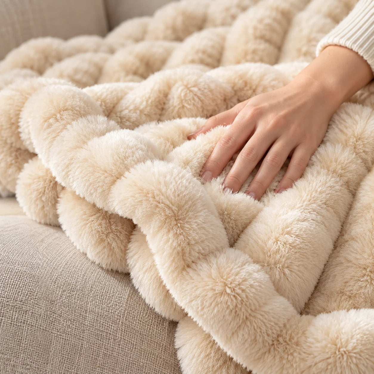 Een hand strijkt over de zachte ribbels van de crèmekleurige Cloud-plaid