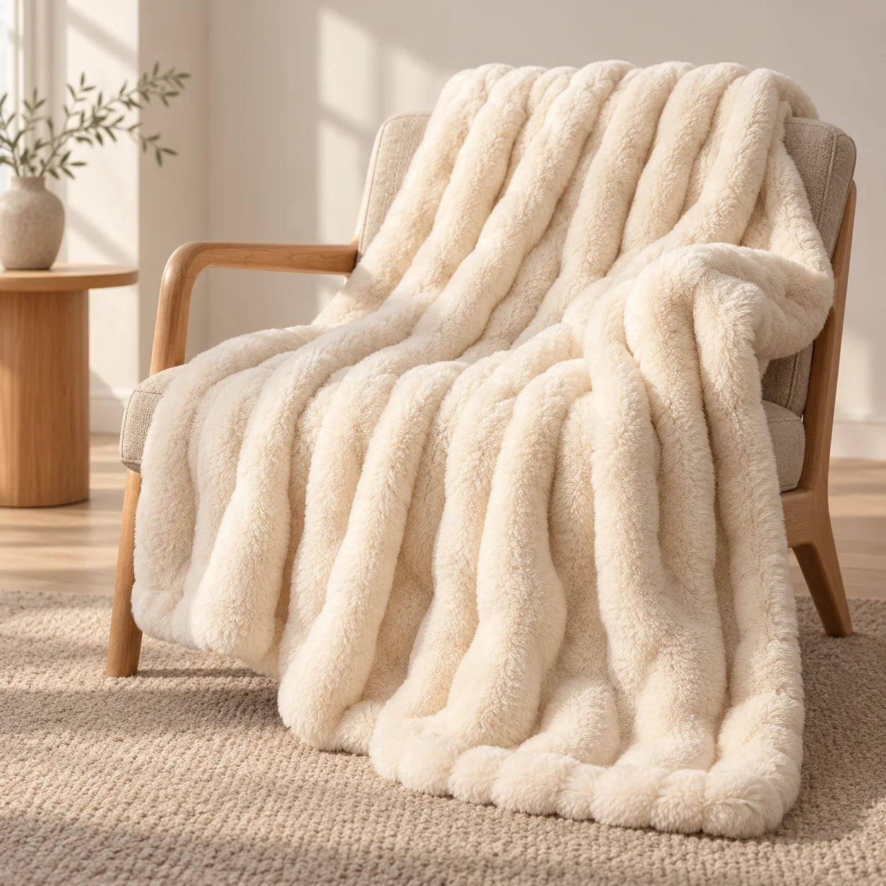 Crèmekleurige Cloud-plaid gedrapeerd over een fauteuil van licht hout
