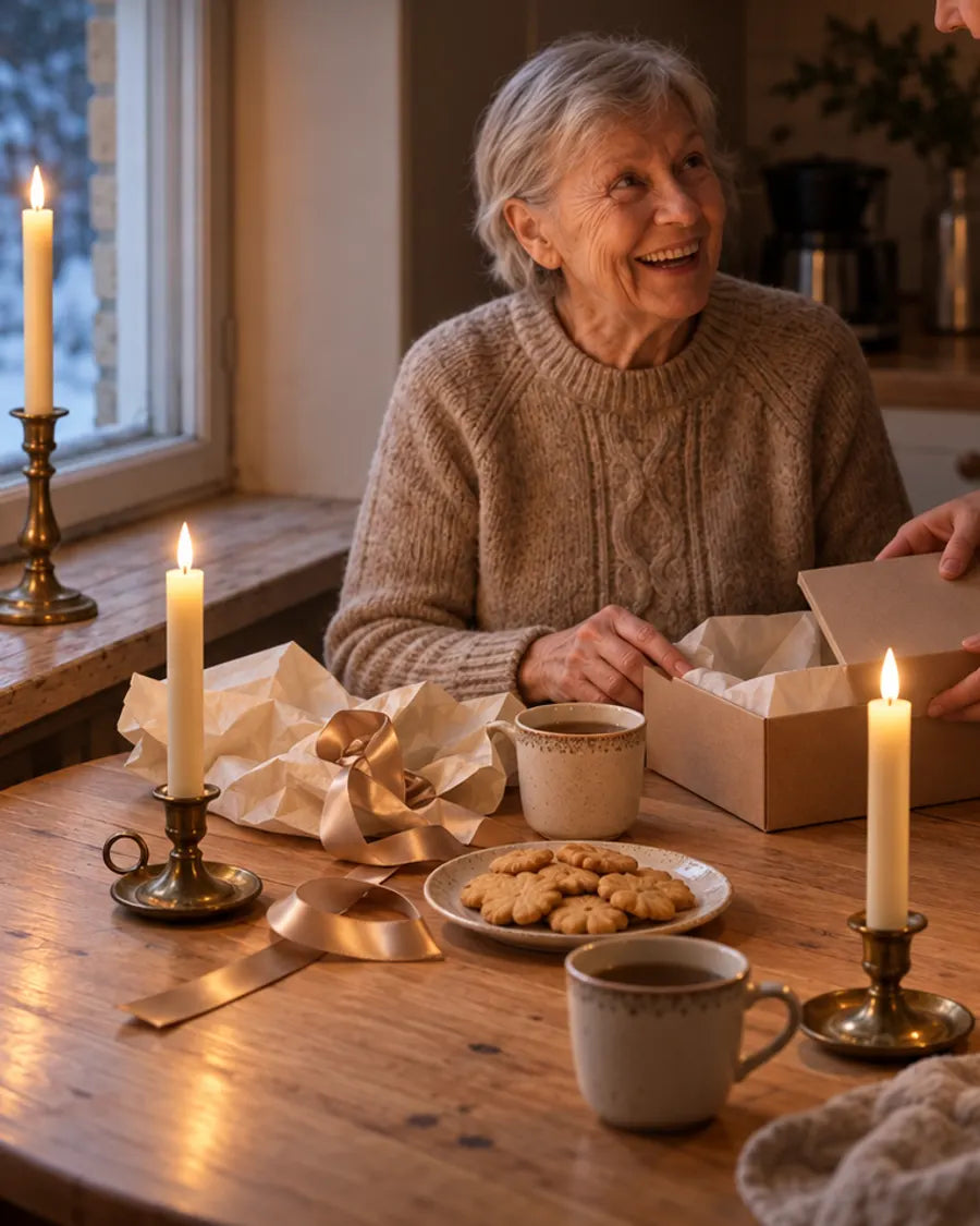 Oudere vrouw opent een cadeau aan de keukentafel met brandende kaarsen