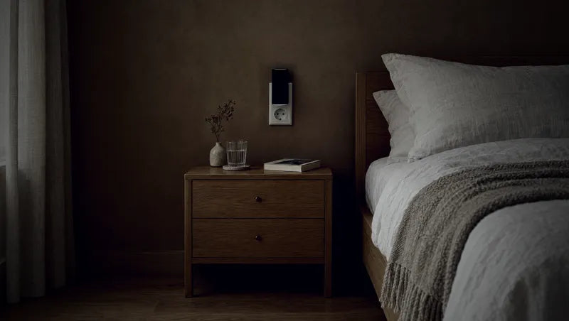 Dezelfde slaapkamer 's avonds met de lamp aan