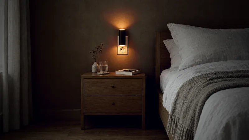 Dezelfde slaapkamer 's avonds met de lamp aan
