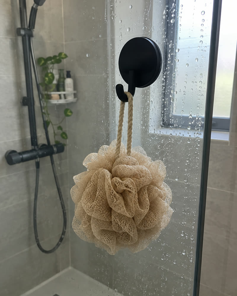 Zwarte Wove-haak op een glazen douchewand met een beige spons