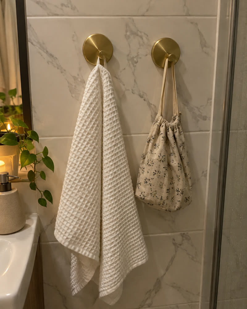 Twee Wove-haken in geborsteld goud op marmeren tegels met een witte handdoek