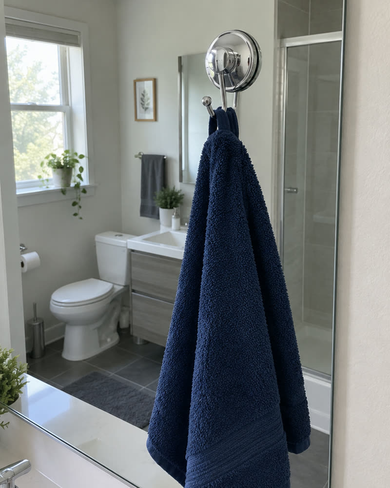 Chroomkleurige Wove-haak op een badkamerspiegel met een donkerblauwe handdoek