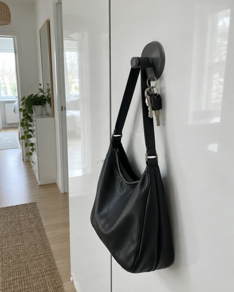 Wove-haak in gunmetal op een witte kastdeur met een zwarte tas en sleutels